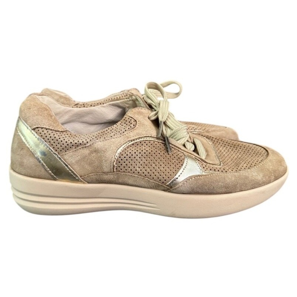Max & Moi Paris Tan Suede Perforated Sneakers Gold Trim Platform Shoes Size 39